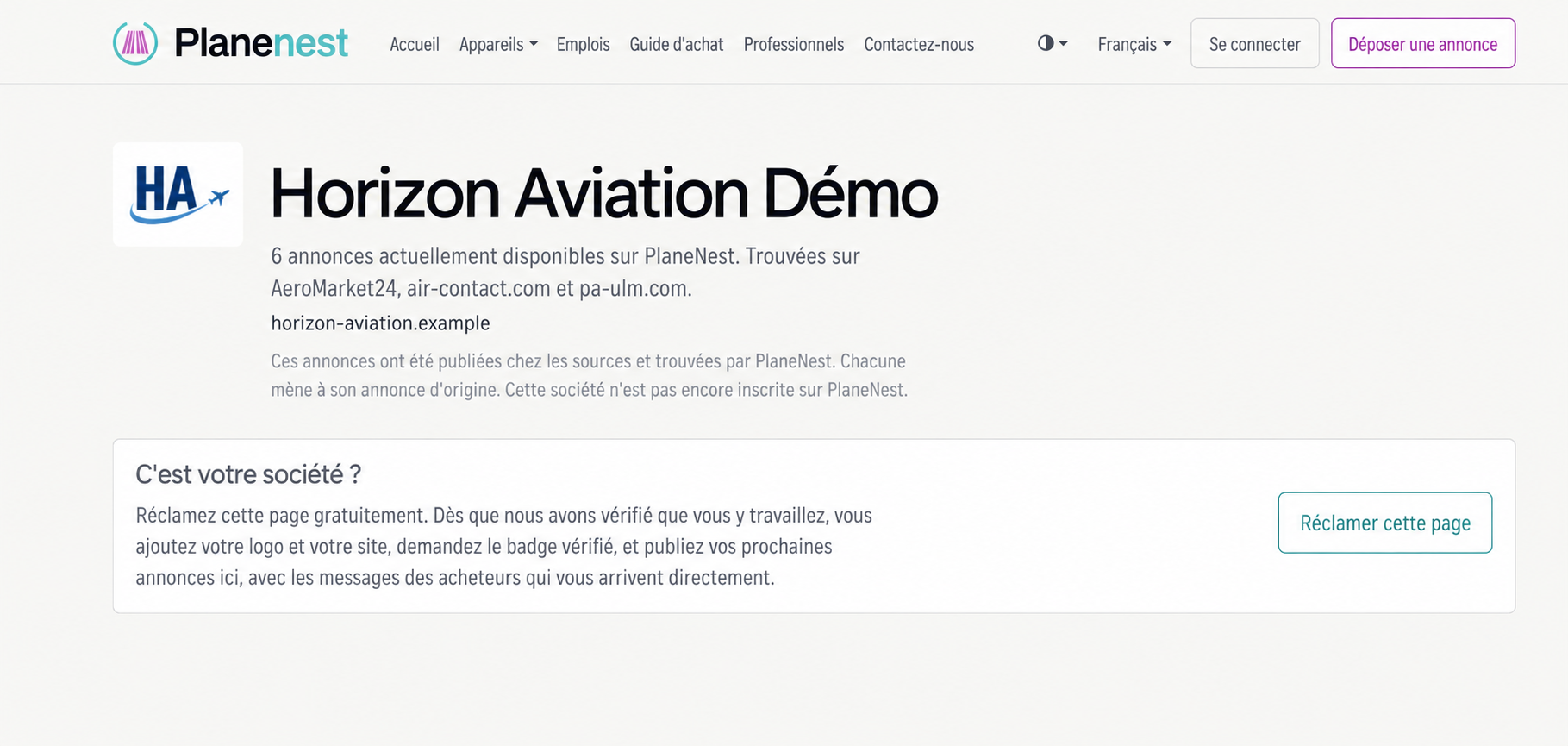 Page for the fictional company Horizon Aviation Démo, showing the PlaneNest menu and the Claim this page button