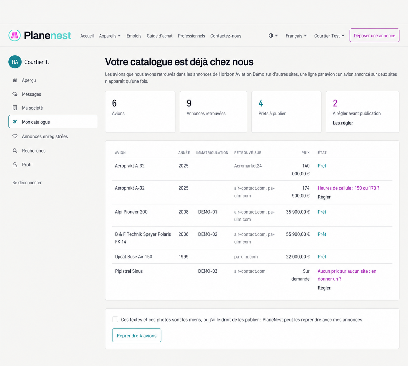 My catalogue with the PlaneNest menu, aircraft ready to take over, links to review details, and the Take over button