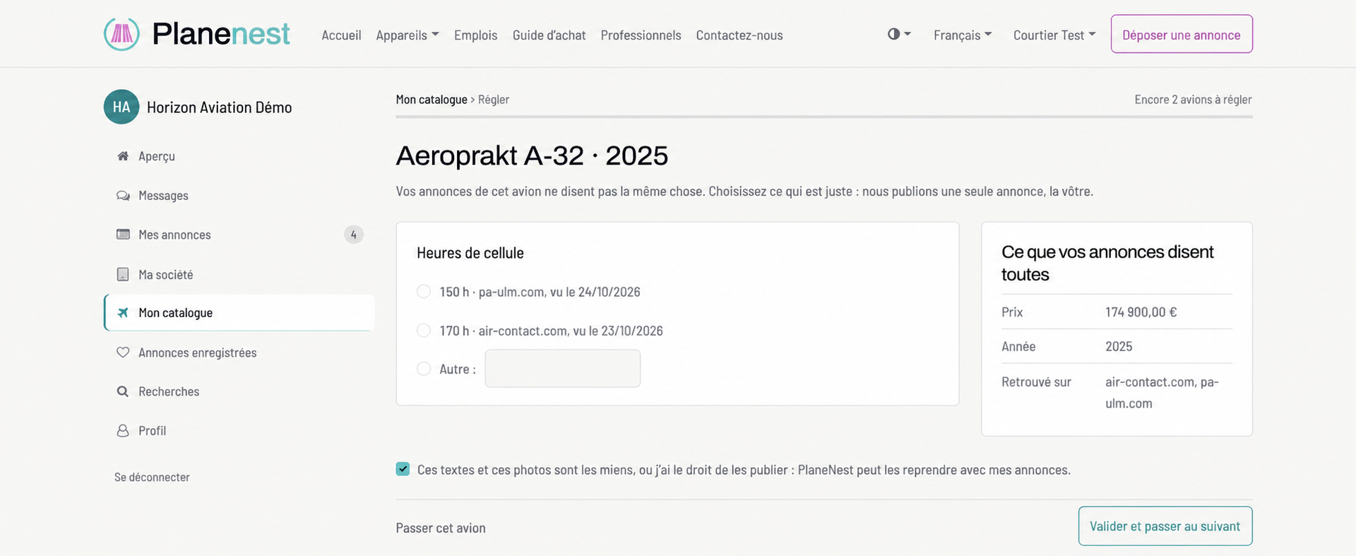 Review page with PlaneNest navigation, the choice of aircraft hours, and the Confirm and move to the next button